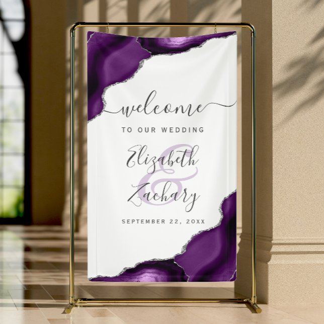 Lona Elegant Purple Silver Agate Wedding Welcome (Subido por el creador)