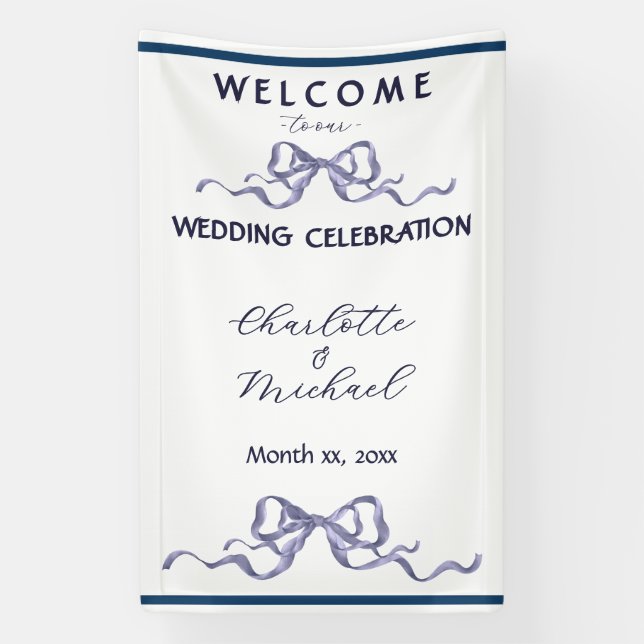 Lona Elegant Ribbon & Bow Romantic Wedding Navy Banner (Vertical)