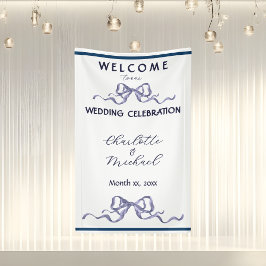 Lona Elegant Ribbon & Bow Romántico Banner de Boda Azul