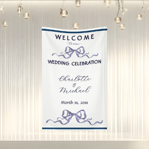 Lona Elegant Ribbon & Bow Romántico Banner de Boda Azul