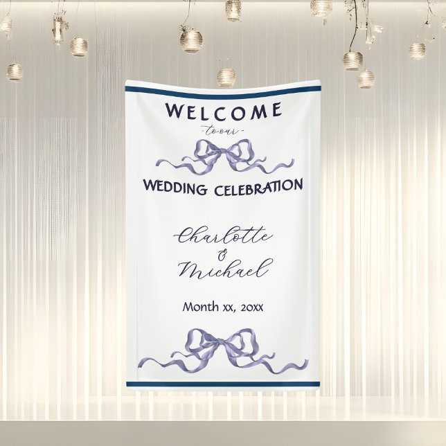 Lona Elegant Ribbon & Bow Romántico Banner de Boda Azul (Elegant Navy Ribbon Romantic Wedding Banner)