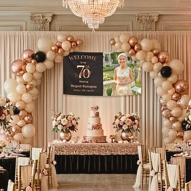 Lona Elegant Rose Gold 70th Birthday Party Welcome (Subido por el creador)