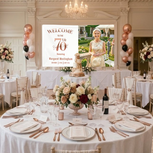 Lona Elegant Rose Gold 70th Birthday Party Welcome (Subido por el creador)