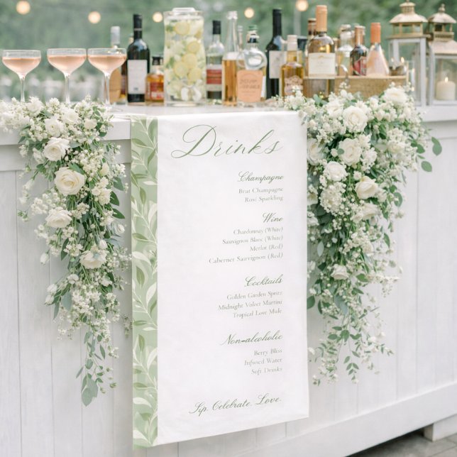 Lona Elegant Sage Green Botanical Wedding Drinks Menu  (Subido por el creador)