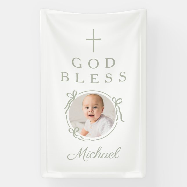 Lona Elegant Sage Green Boy God Bless Photo (Vertical)