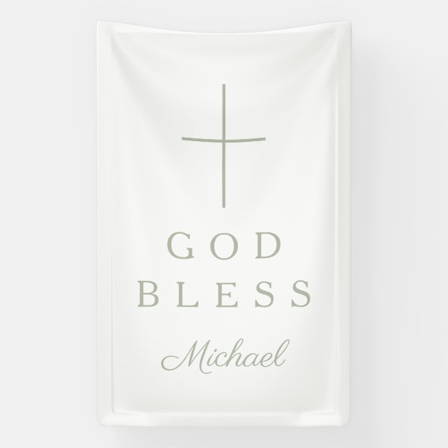Lona Elegant Sage Green Religious Cross Boy God Bless (Vertical)