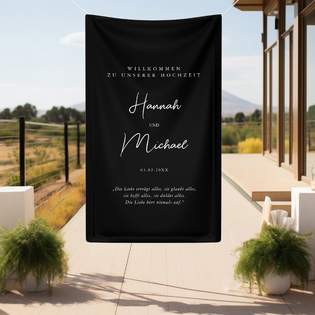 Lona Elegant, Schwarz, "Willkommen zu unserer Hochzeit" (Elegant, Black, Minimal Wedding "Welcome Banner" with your name, date & place for personal words.)