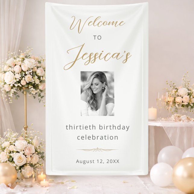Lona Elegant Script 30th Birthday Party Photo Welcome (Subido por el creador)