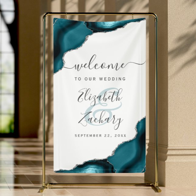 Lona Elegant Teal Blue Silver Agate Wedding Welcome (Subido por el creador)