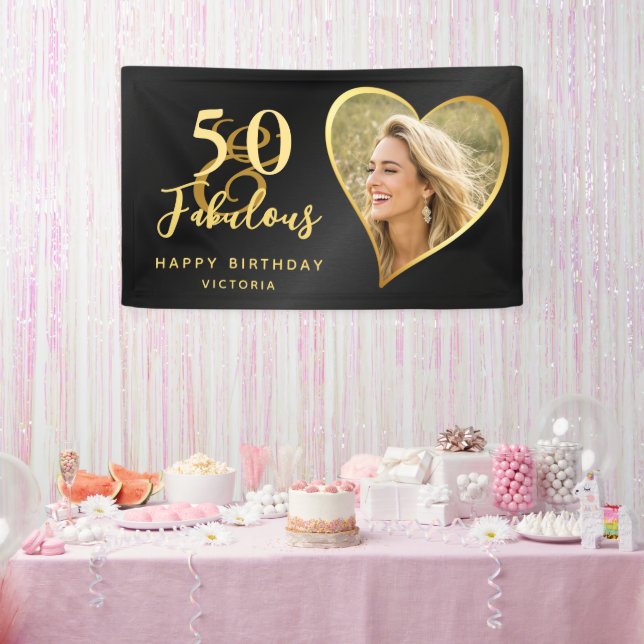 Lona Elegante 50 y fabuloso Personalizado foto oro negr (Fiesta)