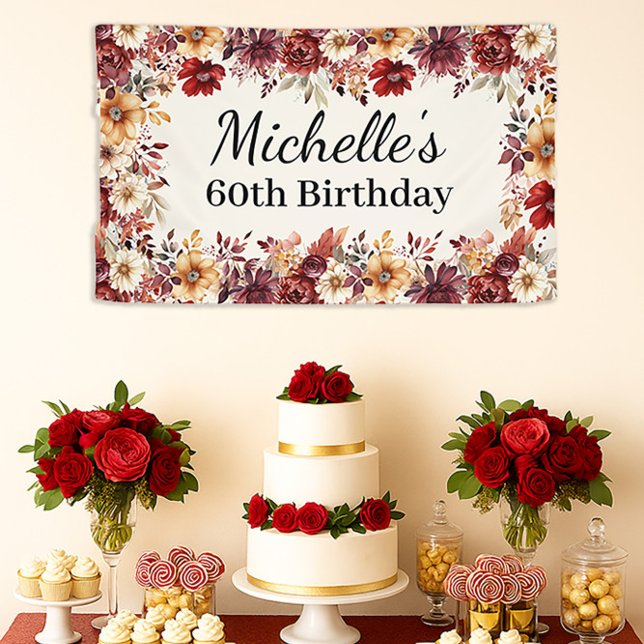 Lona Elegante acuarela de otoño Floral 60 cumpleaños (Fall floral 60th birthday party banner)