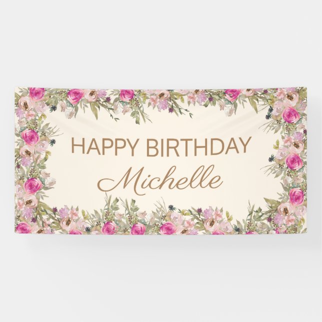 Lona Elegante acuarela rosa Floral Feliz cumpleaños (Horizontal)