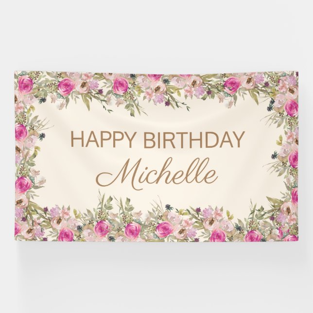 Lona Elegante acuarela rosa Floral Feliz cumpleaños (Horizontal)
