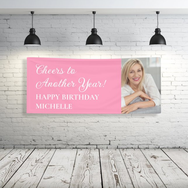 Lona Elegante Alegría Rosa Otro Año Foto De Cumpleaños (Pink "Cheers to another year, Happy Birthday" photo banner)