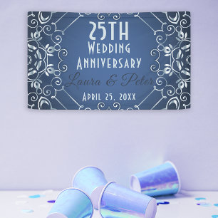 Lona Elegante Aniversario Boda Azul y Plata
