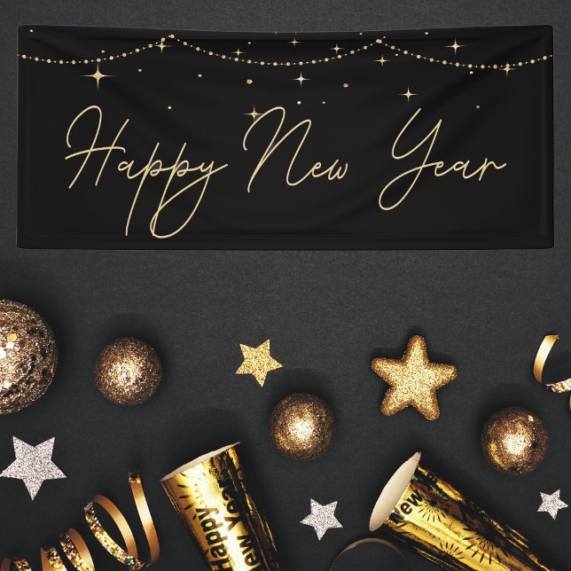 Lona Elegante Año Nuevo Feliz Oro Negro (Elegant black and gold Happy New Year banner with sparkling lights, perfect for festive party décor.)