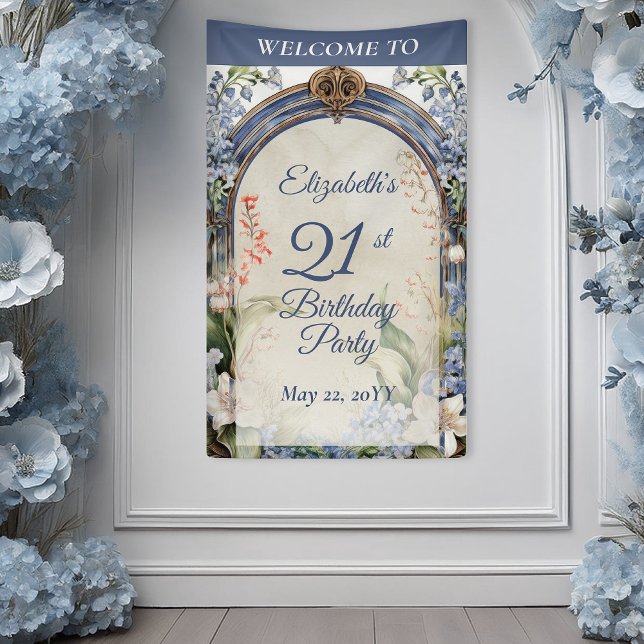 Lona Elegante Arco floral barroco Fiesta de cumpleaños  (Elegant Baroque Floral Frame 21st Birthday Party Vertical Banner)