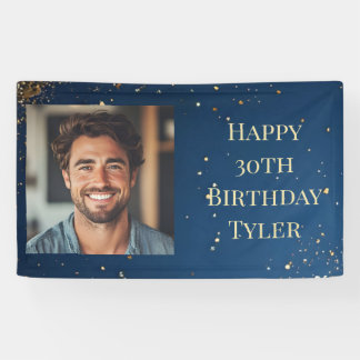 Lona Elegante azul oscuro y faux dorado cumpleaños