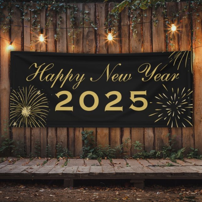 Lona Elegante Banne Fiesta del Año Nuevo 2025 del Oro N (Elegant Black Gold Happy New Year 2025 Party Banne Banner
)
