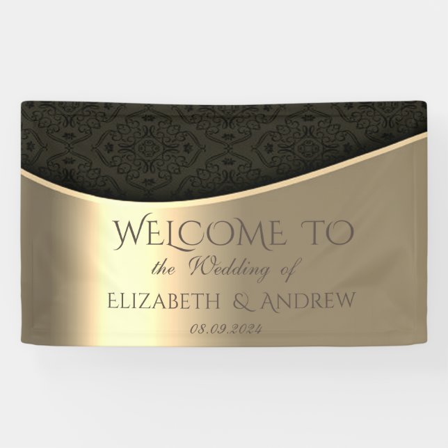 Lona Elegante Banner Boda de oro negro Damask (Horizontal)