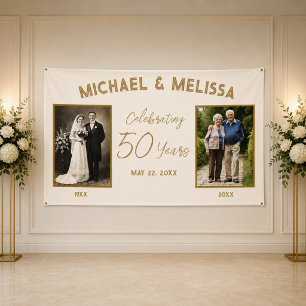 Lona Elegante Banner de Aniversario Marfil y Oro Entonc