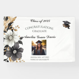 Lona Elegante Banner de graduación floral de color negr