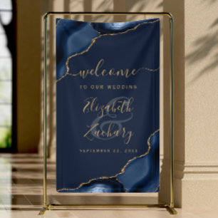 Lona Elegante Bienvenida de Boda Azul Marino y Oro Agat