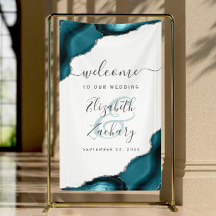 Lona Elegante Bienvenida de Boda Azul Teal Plata Agata