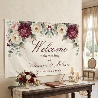 Lona Elegante Bienvenida de Boda de Crema y Borgoña con
