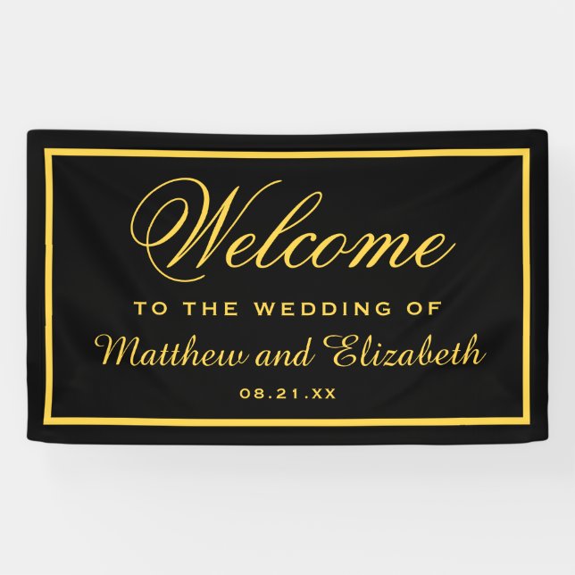 Lona Elegante bienvenida de Boda negro y dorado (Horizontal)