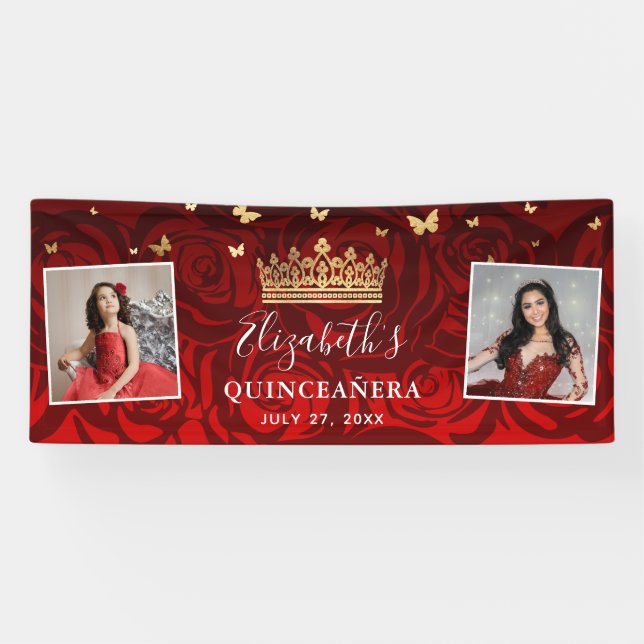 Lona Elegante Black Red Rose Gold Birthday Quinceanera (Horizontal)