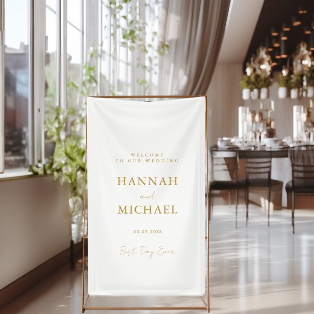 Lona Elegante, blanco, Boda mínimo (Best Day Ever! Modern, black, wedding banner. Elegant, beige-gold, handwriting typography.)