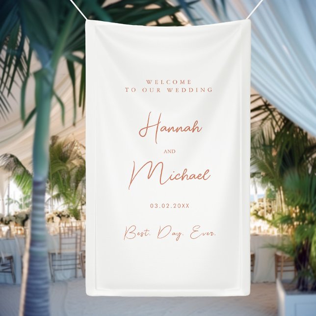 Lona Elegante, blanco, Boda mínimo ("Welcome & Best Day Ever" Elegant, White, Minimal Wedding Banner with your name & Date.)