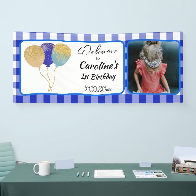 Lona Elegante Blue Gingham Purpurina Balloons 1º cumple (Feria)