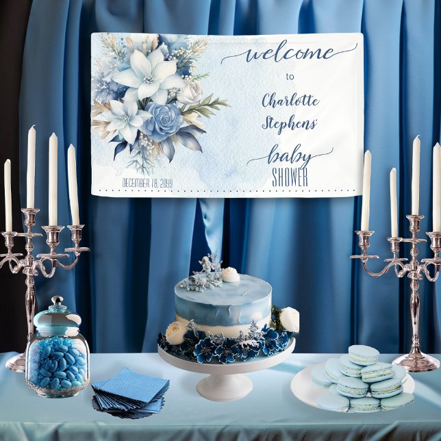Lona Elegante Blue Winter Floral Boy Baby Shower (Elegant Blue Winter Floral Boy Baby Shower Welcome Banner)