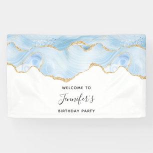 Lona Elegante Blue y Gold Agate Border Cumpleaños