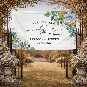 Lona Elegante boda de acuarela amarilla y azul floral
