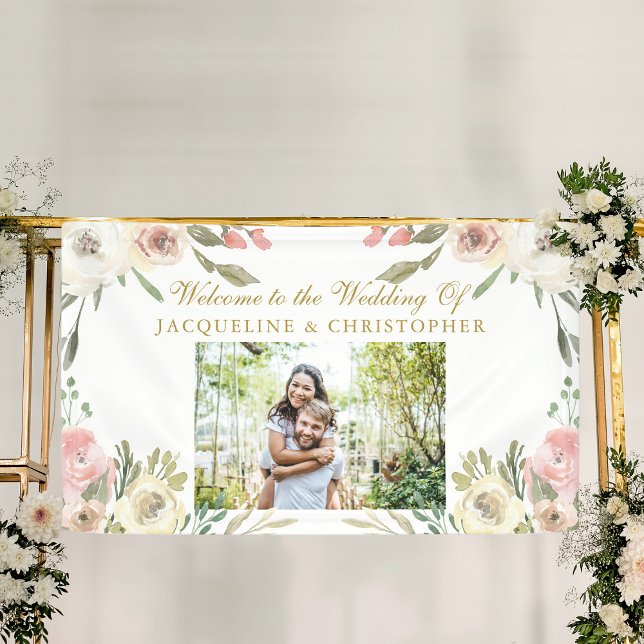 Lona Elegante Boda de fotografía con flores de oro rosa (Subido por el creador)