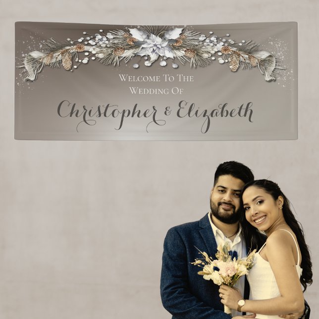 Lona Elegante Boda de invierno plateado Floral Bienveni (Winter Silver Wedding Theme. Welcome banner for reception wedding events.)
