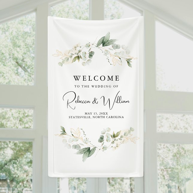 Lona Elegante Boda del follaje Eucalyptus Bienvenida (Add elegance to your wedding with a fancy vertical banner, perfect for stunning decor and photos!)