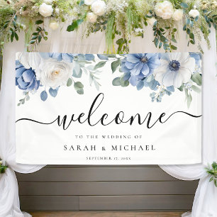 Lona Elegante Boda Dusty Blue Floral Bienvenido