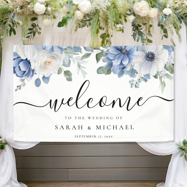 Lona Elegante Boda Dusty Blue Floral Bienvenido (Subido por el creador)