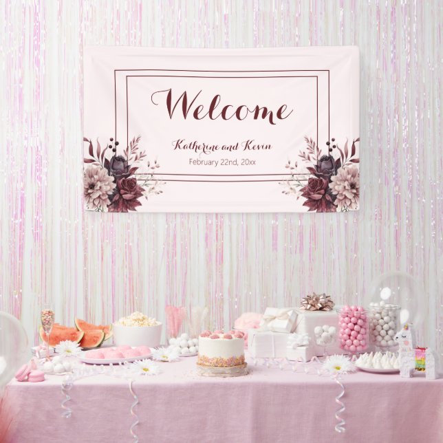 Lona Elegante Boda Floral Rosa Burdeos (Fiesta)