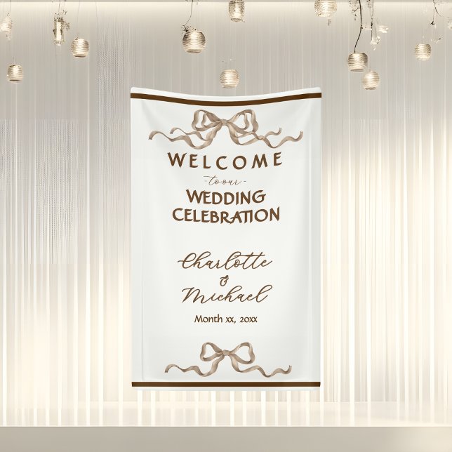 Lona Elegante Boda Romántica con Cinta (Elegant Ribbon & Bow Warm Brown Romantic Wedding Banner)
