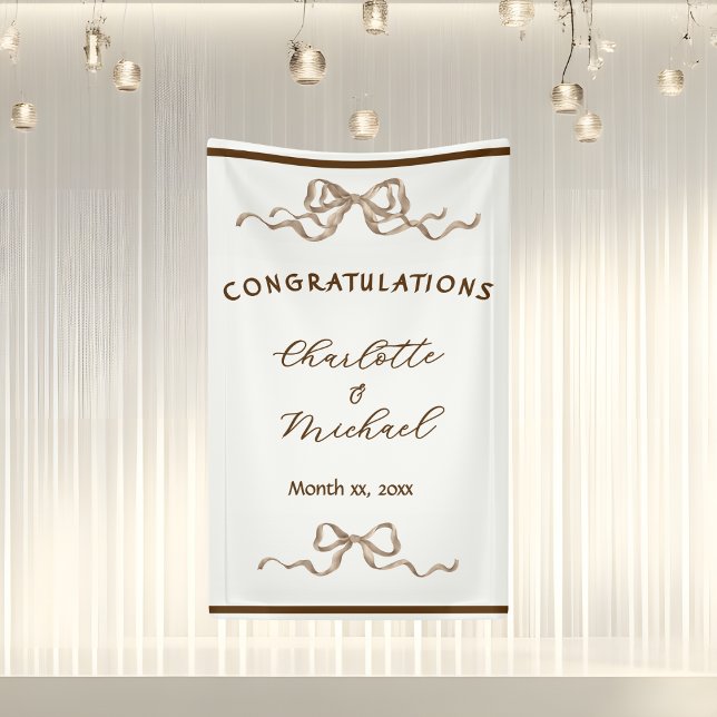 Lona Elegante Boda Romántica con Cintas (Elegant Ribbon & Bow Warm Brown Romantic Congratulations Wedding Banner)