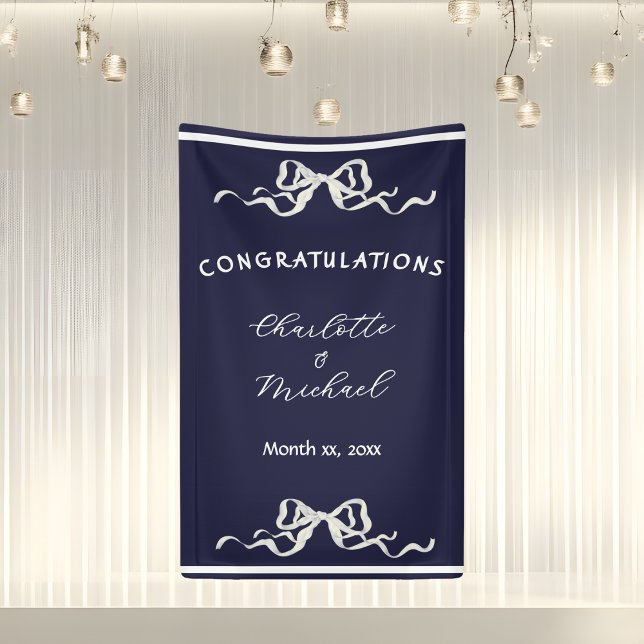 Lona Elegante Boda Romántica Felicidades por el lazo az (Elegant Ribbon Romantic Wedding Congratulations Banner)