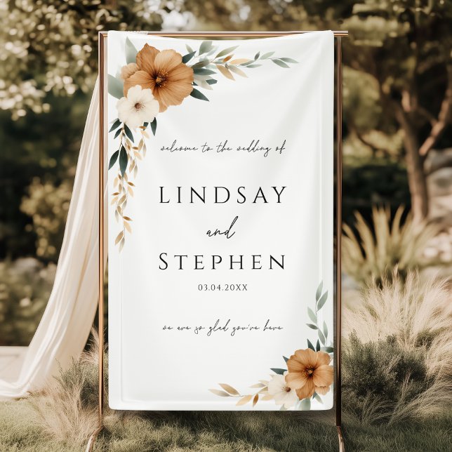 Lona Elegante Boda Tierra Cobre Blanco (Elegant Monogram Copper Earthy White Wedding Banner)