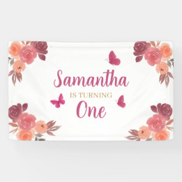 Lona Elegante Boho Acuarela Floral Primer Cumpleaños