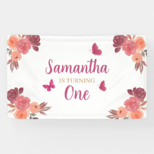 Lona Elegante Boho Acuarela Floral Primer Cumpleaños
