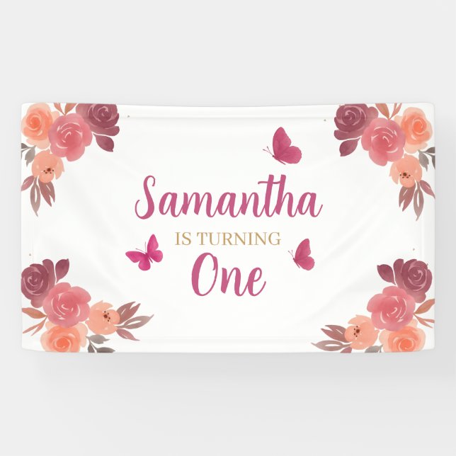 Lona Elegante Boho Acuarela Floral Primer Cumpleaños  (Horizontal)